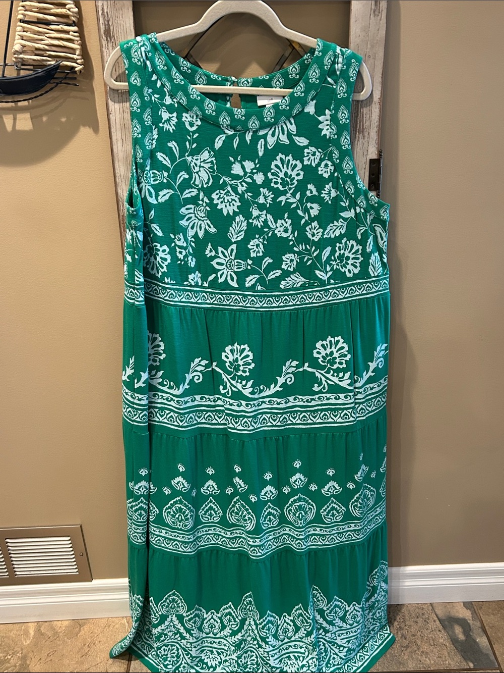 Sleeveless Green Floral Maxi Dress - White Print